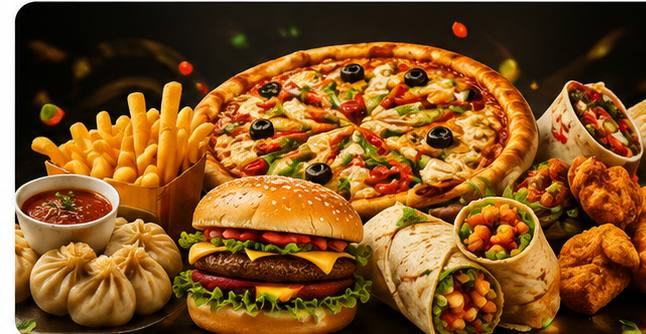 Pizza, Burger, Momos, Fries and Rolls