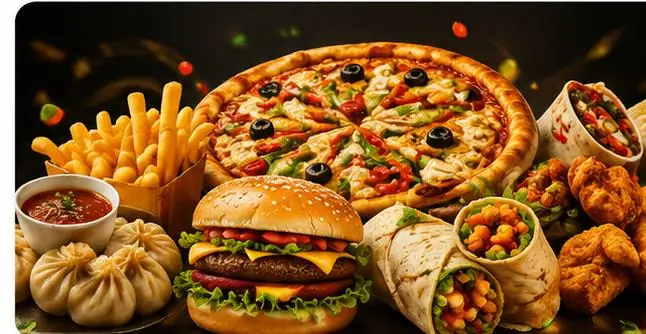 Pizza, Burger, Momos, Fries and Rolls